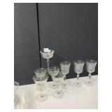 ETCHED 5 CHAMPAGNE GLASSES AND 4 WINE GLASSES
