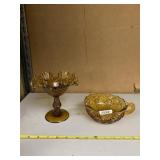 AMBER GLASS COMPOTE RUFFLE BASE AND FINGER NAPPIE