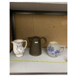 THREE CERAMIC PITCHERS - COFFEE POT W/ BLUE