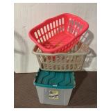 STORAGE TOTE AND 2 LAUNDRY BASKETS