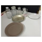 PYREX PIE PAN, CANISTER, ALUMINUM MUG, ETC.