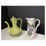 HAND PAINTED PITCHER, GREEN TEA POT, UNMARKED,