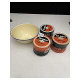 3 NO MOTH TINS AND PORCELAIN BOWL