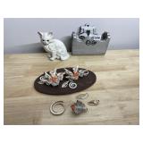 CAT FIGURINE, SHELL WALL HANGING, ETC.