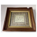 SILK EMBROIDERED TAPESTRY FRAMED 17 X 14.5 CARVED