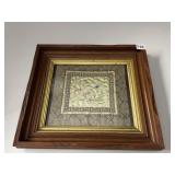 SILK EMBROIDERED TAPESTRY FRAMED 17 X 14.5 CARVED