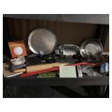 METAL TRAYS , BOOK, ROLLING PIN ETCETERA