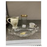 OVAL ETCHED DISH, GOLD RIM GLASS, SM. CUP, HAND