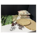 PAIR ACCENT PILLOWS, BURLAP PLACEMATS, LEAF PLACE