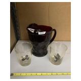 VINTAGE GLASSWARE SET - DARK RUBY PITCHER W/