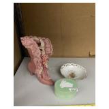 THREE-PIECE DECORATIVE LOT - PINK CERAMIC BOOT W/