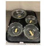 4 GLASS BOWLS - SCALLOPED RIM, RADIATING PATTERN,