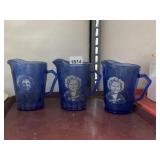SET OF 3 COBALT BLUE GLASS PITCHERS SHIRLEY