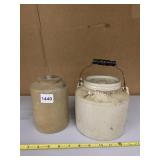 STONEWARE POTTERY GROUP CREAM CROCKS W/ LIDS