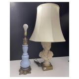 BLUE GLASS LAMP AND FIGURAL COMPOSITION LAMP WITH