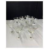 EIGHT COCKTAIL MATCHING GLASSES AND THREE ETCHED
