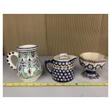 THREE POLISH POTTERY VESSELS - PITCHER W/ POLKA
