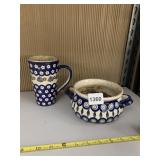 POLISH POTTERY - TWO-PIECE SET, TALL MUG W/