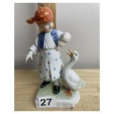 HEREND PORCELAIN FIGURINE GIRL FEEDING GOOSE -