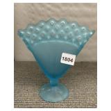 FROSTED BLUE GLASS PEDESTAL FAN VASE - HOBNAIL