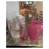 ASSORTED GLASS VASES & JARS - CLEAR, PINK,