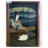 ART FRAMED ASIAN LACQUER PANEL WOMAN IN BOAT W/