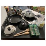 COOKWARE LOT - BLACK NON-STICK PANS, LIDS, WOODEN