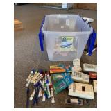 STORAGE CRATE W/ MARKERS, ALARMS, WAX MELTS,