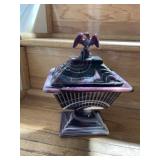 FENTON SLAG GLASS PEDESTAL VASE W/ BIRD FINIAL.