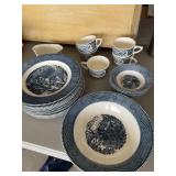 BLUE & WHITE TRANSFERWARE DINNERWARE, CHIPPED.