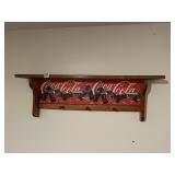 COCA-COLA WOOD WALL SHELF -  3 RED KNOBS.