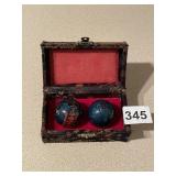 PAIR CHINESE BAODING BALLS, ORNATE BOX.