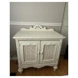 WHITEWASHED WOOD WICKER CABINET, DECORATIVE SHELL