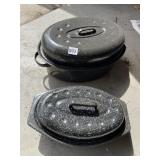 ENAMELED ROASTERS, FROSTED GLASS TUMBLERS.