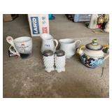 FIMA DERUTA TEAPOT, MILK GLASS SHAKERS, CERAMIC