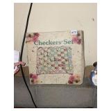 VINTAGE CHECKERS SET - FLORAL BOX, TEXTILE BOARD,