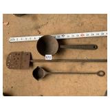 VINTAGE CAST IRON COOKING TOOLS - LADLE, SKIMMER,