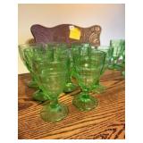 URANIUM GLASS - PEDESTAL GLASSES SET OF 8 GREEN