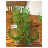 URANIUM GLASS - PEDESTAL GLASSES SET OF 8 GREEN