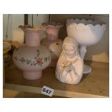 2 GLASS OIL LAMP SHADES, MILK GLASS COMPOTE AND