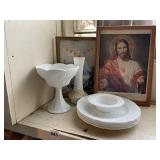 MILK GLASS PIECES AND FRAMED PICTURES