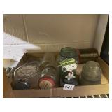 ASSORTED GLASS JARS, KITCHEN CLOCKS, SNOOPY JAR