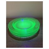 SET OF 5 GREEN GLASS DINNER PLATES, 8"