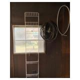 WHITE METAL MULTI-SHELF PLATE RACK, GARDEN HOSE,