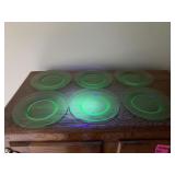 SET OF 6 GREEN GLASS CHARGER PLATES.
