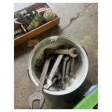 ASSORTED HAND WRENCHES IN METAL BUCKET.