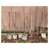 ASSORTED GARDEN HAND TOOLS - SPADES, SHOVELS,
