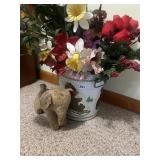 TIN FLOWER PLANTER W/ WOODEN ELEPHANT FIGURINE.