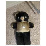 VINTAGE BEAR DOLL W/ GOLD VEST - BLACK FUR BODY,