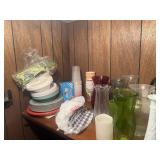 ASSORTED DISPOSABLE TABLEWARE, GLASSWARE & HOME